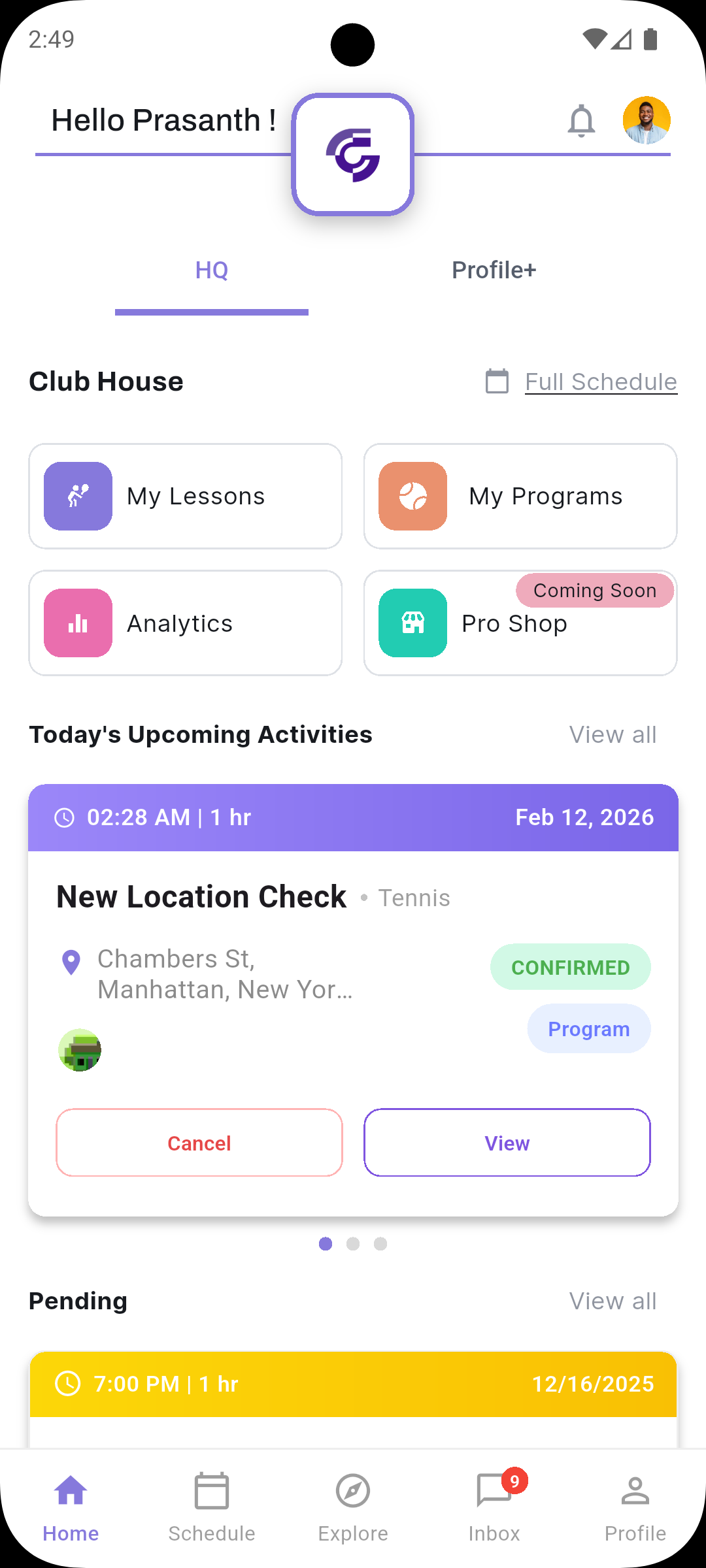 CourtHQ App - Club House Dashboard